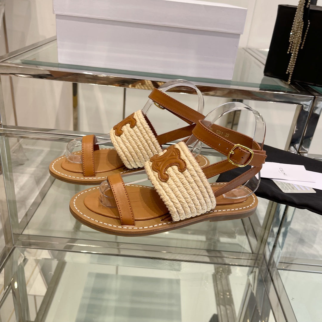 LYMPIAR FLAT STRAP SANDAL IN RAFFIA CALFSKIN WHITE CARAMEL BROWN - 35