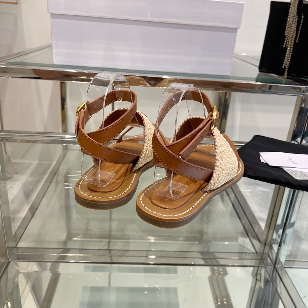 LYMPIAR FLAT STRAP SANDAL IN RAFFIA CALFSKIN WHITE CARAMEL BROWN - 35