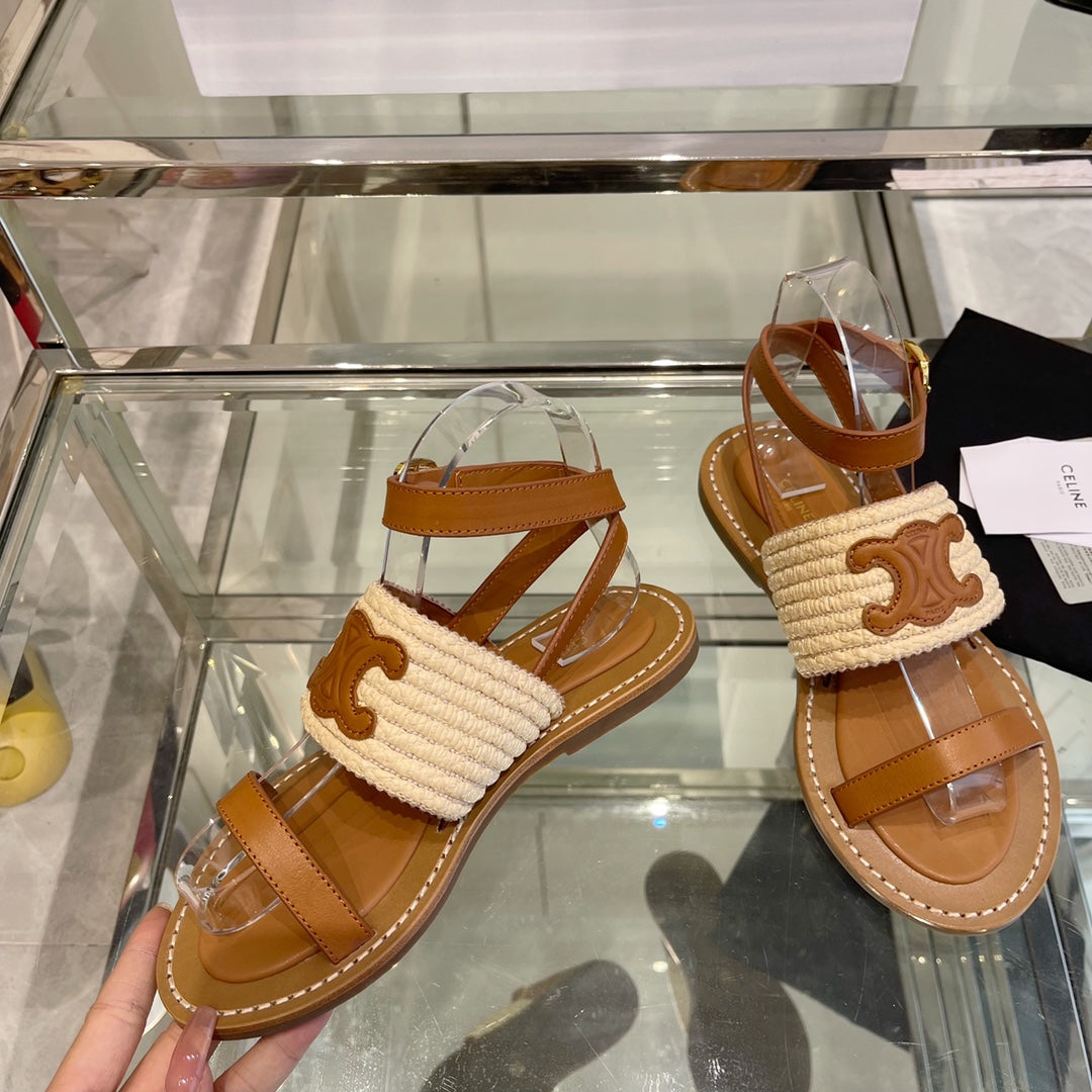 LYMPIAR FLAT STRAP SANDAL IN RAFFIA CALFSKIN WHITE CARAMEL BROWN - 35