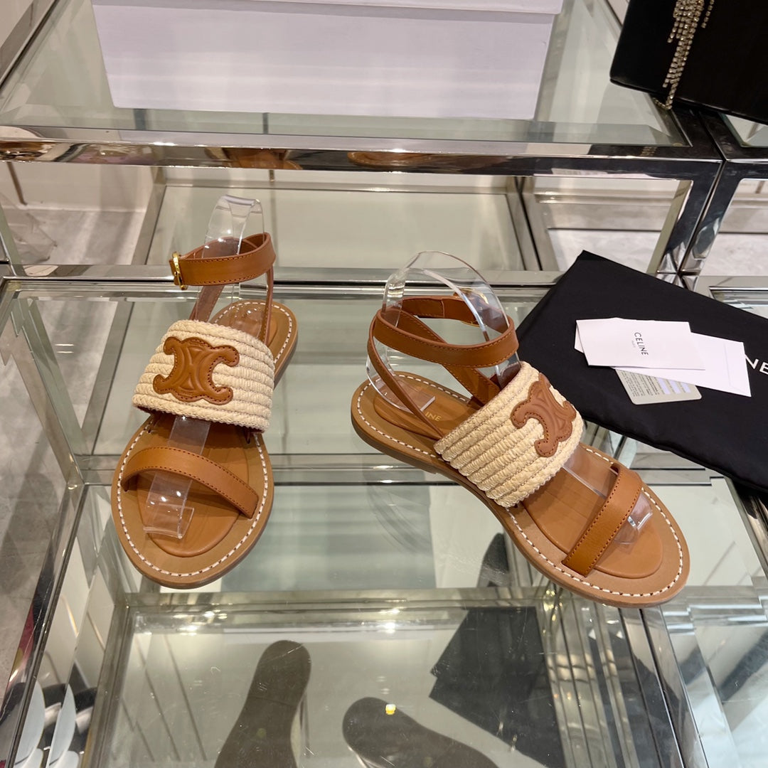 LYMPIAR FLAT STRAP SANDAL IN RAFFIA CALFSKIN WHITE CARAMEL BROWN - 35