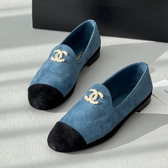 LOAFERS IN CERULEAN BLUE MIX BLACK SUEDE - 35