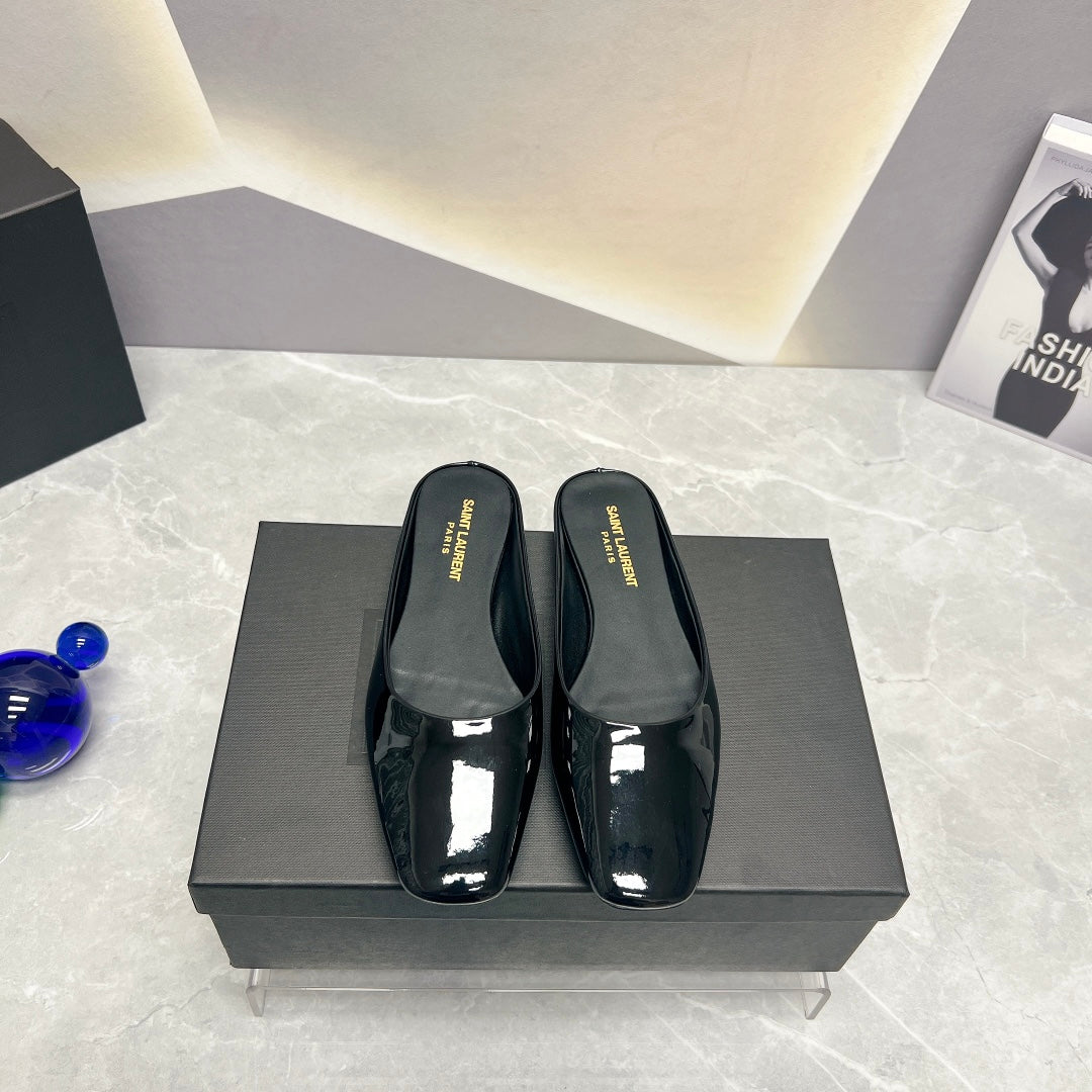 SL SQUARE TOE FLAT MULES BLACK POLISHED CALFSKIN - 35