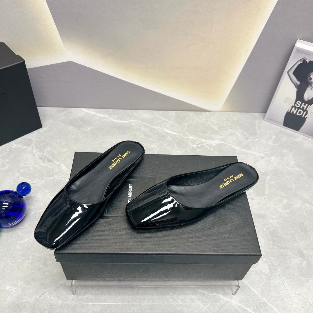 SL SQUARE TOE FLAT MULES BLACK POLISHED CALFSKIN - 35