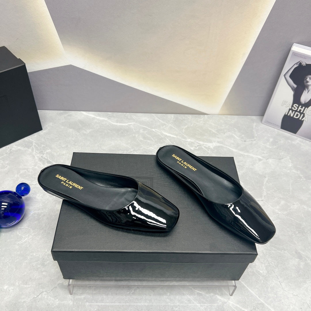 SL SQUARE TOE FLAT MULES BLACK POLISHED CALFSKIN - 35