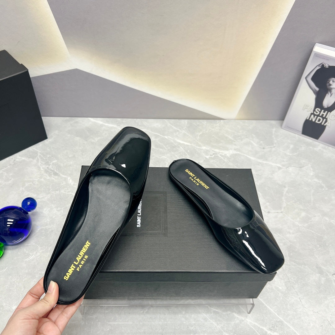 SL SQUARE TOE FLAT MULES BLACK POLISHED CALFSKIN - 35