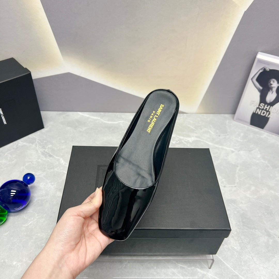 SL SQUARE TOE FLAT MULES BLACK POLISHED CALFSKIN - 35