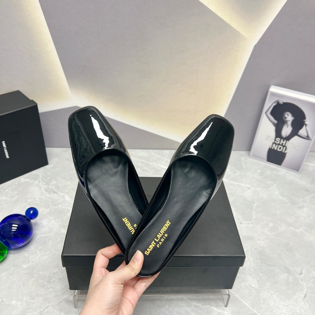 SL SQUARE TOE FLAT MULES BLACK POLISHED CALFSKIN - 35