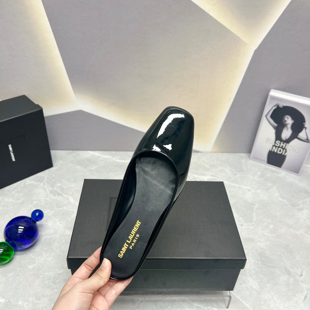 SL SQUARE TOE FLAT MULES BLACK POLISHED CALFSKIN - 35