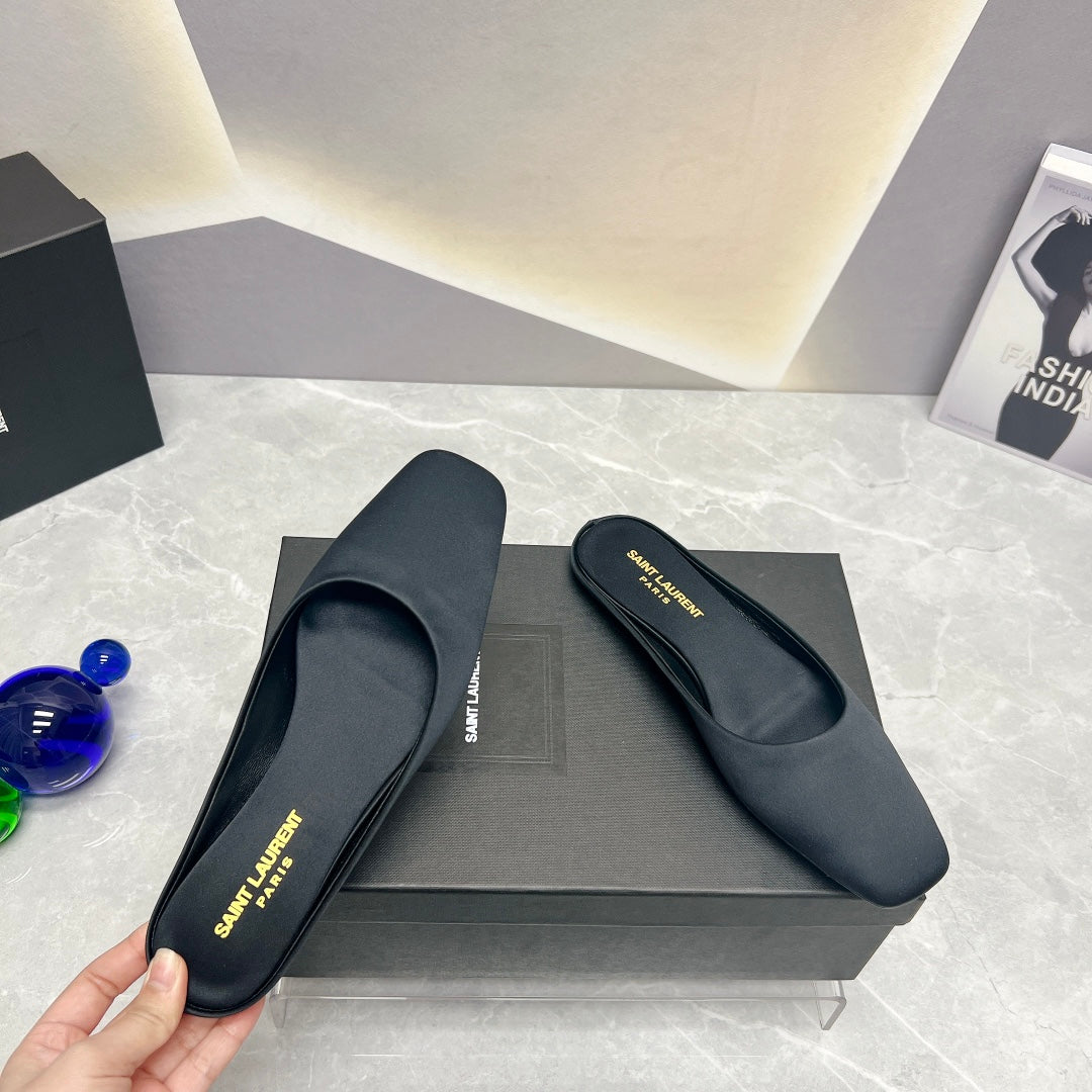 SL SQUARE TOE FLAT MULES BLACK SATIN - 35