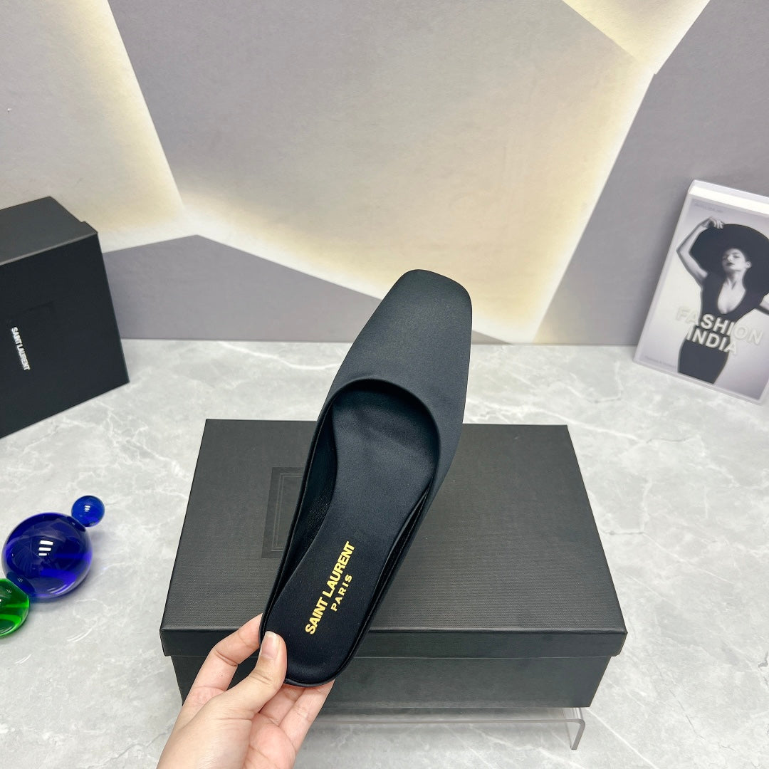 SL SQUARE TOE FLAT MULES BLACK SATIN - 35