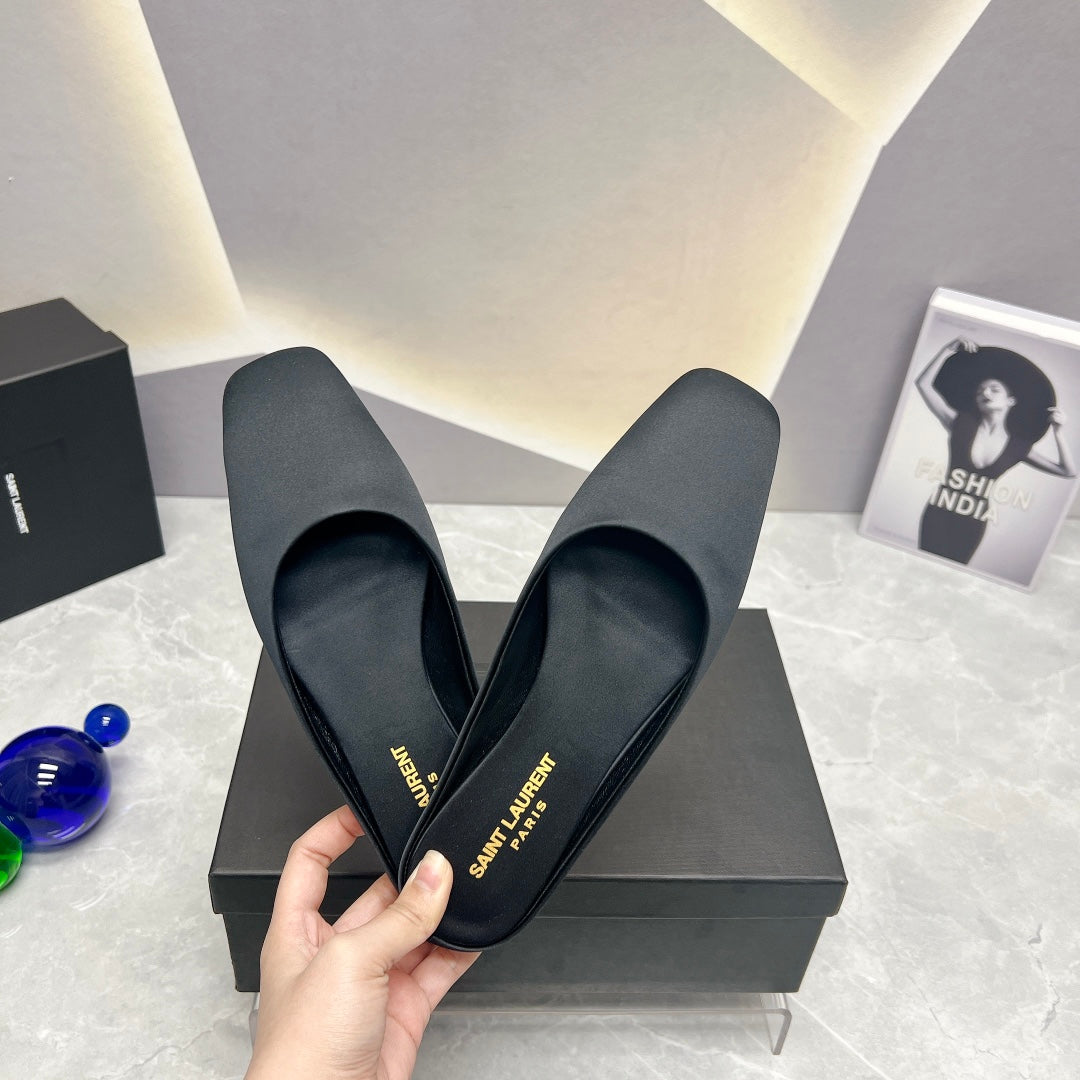 SL SQUARE TOE FLAT MULES BLACK SATIN - 35