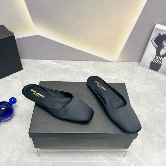 SL SQUARE TOE FLAT MULES BLACK SATIN - 35