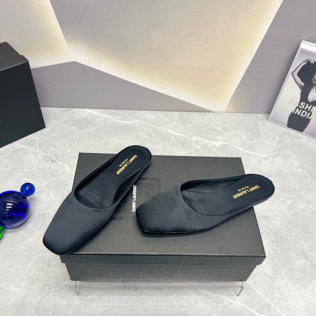 SL SQUARE TOE FLAT MULES BLACK SATIN - 35
