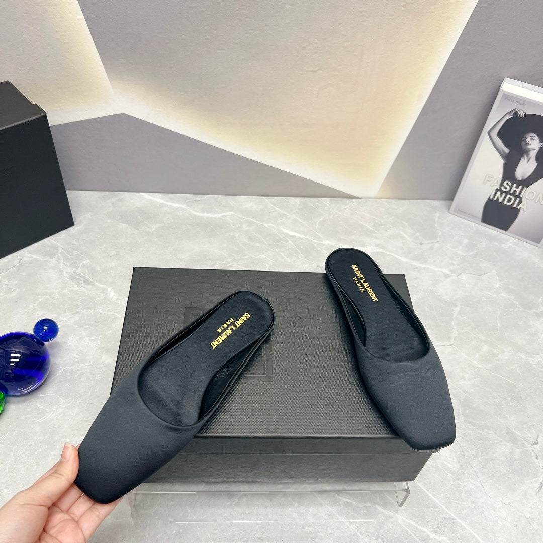 SL SQUARE TOE FLAT MULES BLACK SATIN - 35