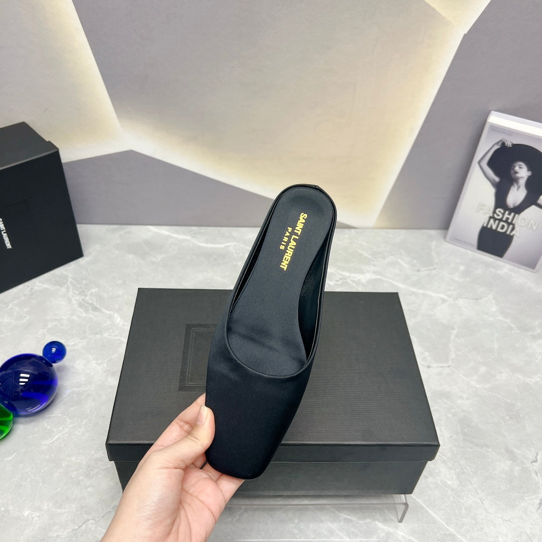 SL SQUARE TOE FLAT MULES BLACK SATIN - 35