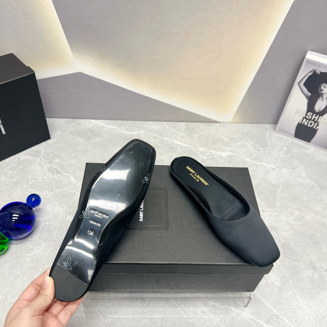 SL SQUARE TOE FLAT MULES BLACK SATIN - 35