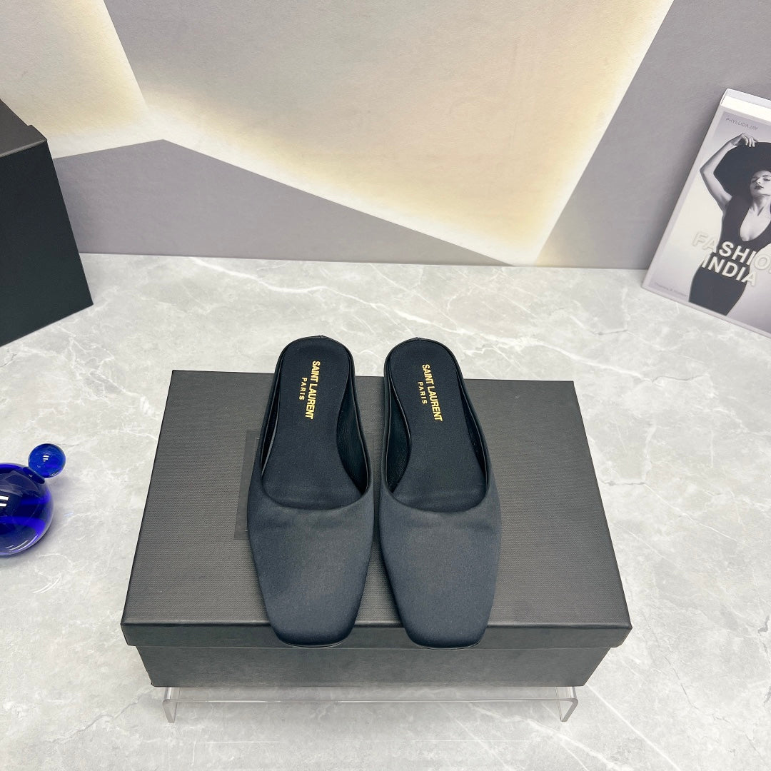 SL SQUARE TOE FLAT MULES BLACK SATIN - 35
