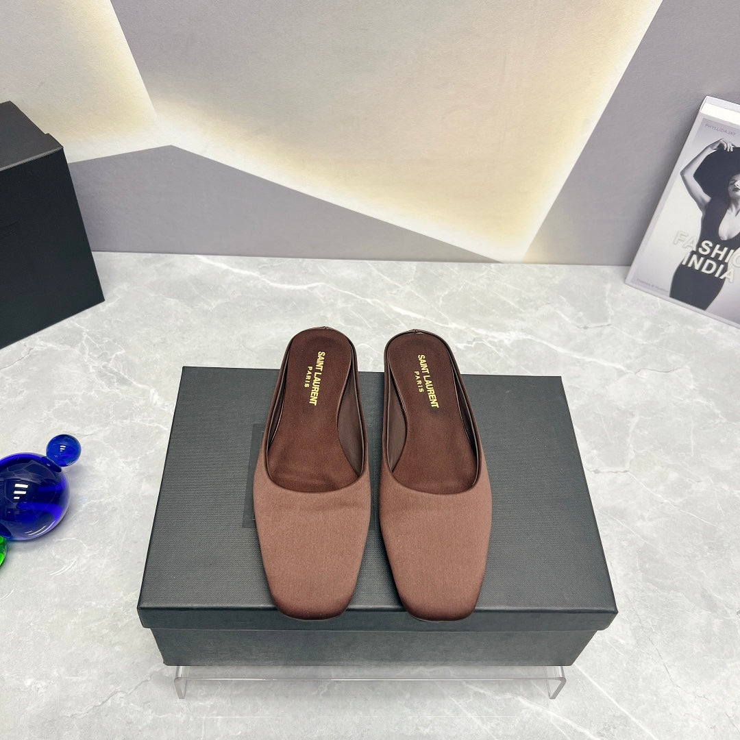 SL SQUARE TOE FLAT MULES BROWN SATIN - 35