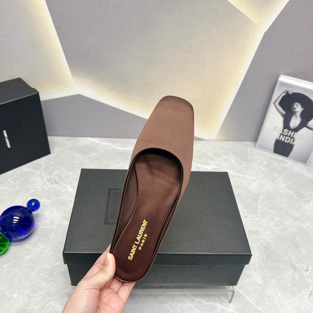 SL SQUARE TOE FLAT MULES BROWN SATIN - 35
