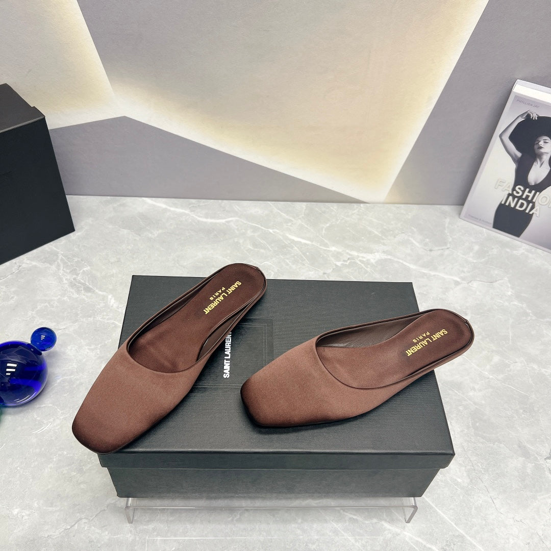 SL SQUARE TOE FLAT MULES BROWN SATIN - 35