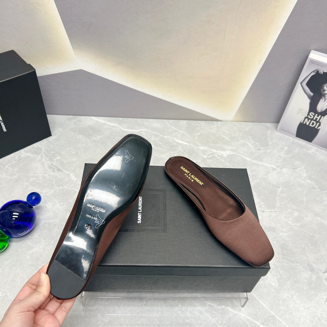 SL SQUARE TOE FLAT MULES BROWN SATIN - 35