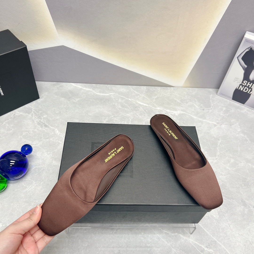 SL SQUARE TOE FLAT MULES BROWN SATIN - 35