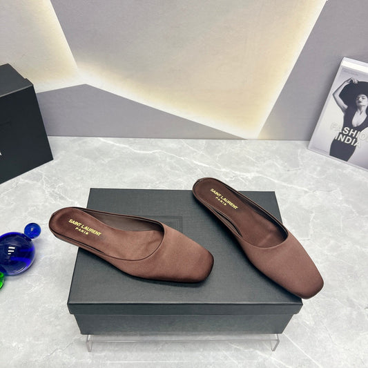 SL SQUARE TOE FLAT MULES BROWN SATIN - 35