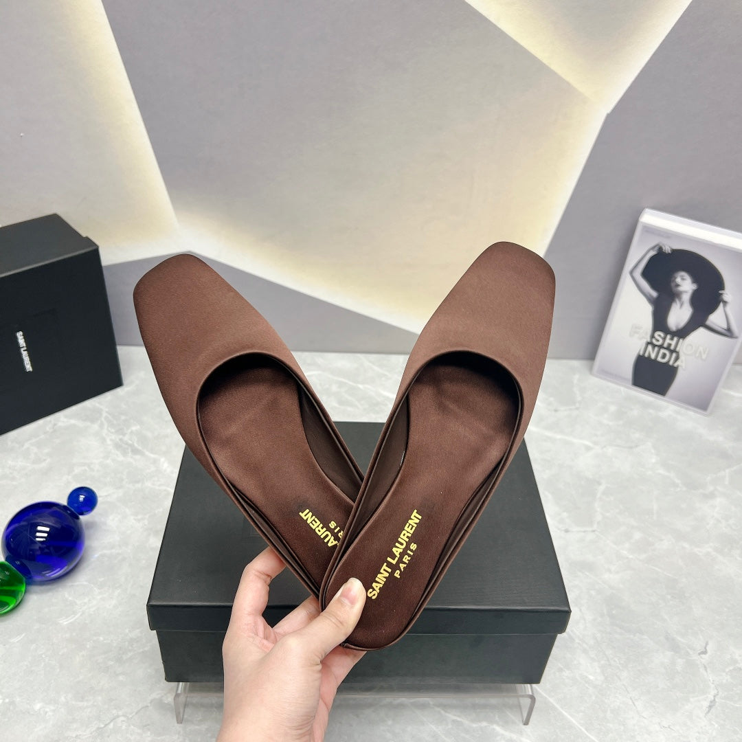 SL SQUARE TOE FLAT MULES BROWN SATIN - 35