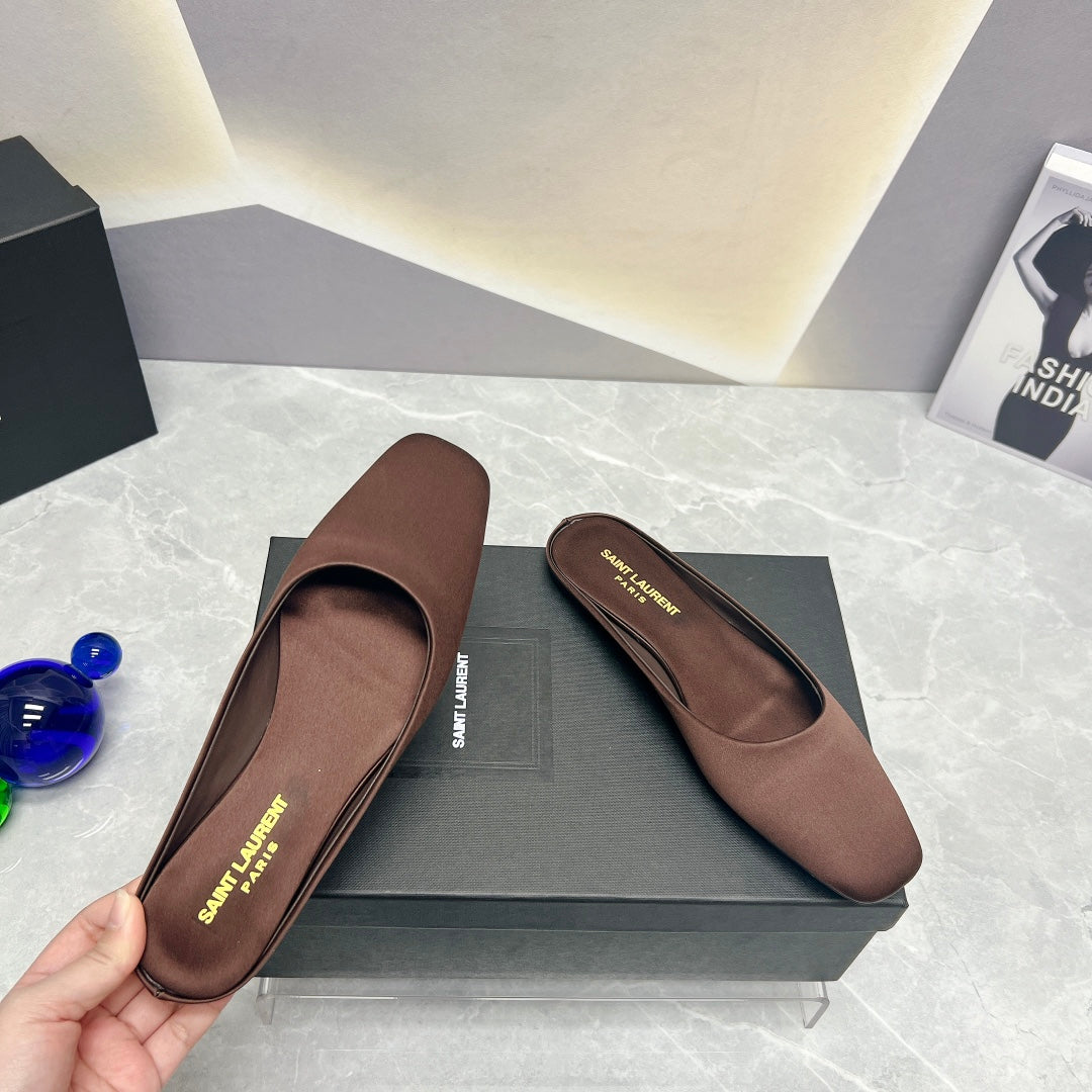 SL SQUARE TOE FLAT MULES BROWN SATIN - 35