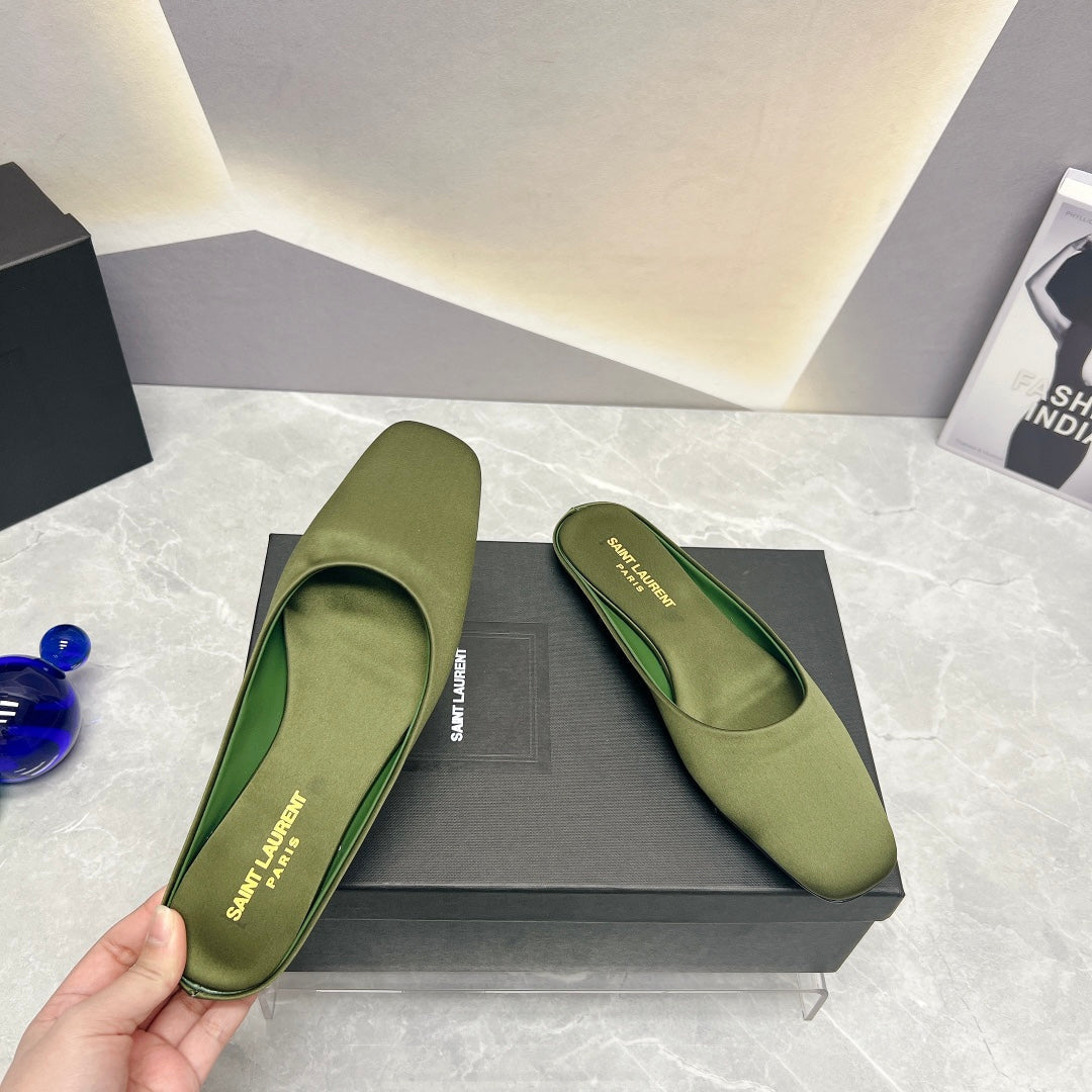 SL SQUARE TOE FLAT MULES MOSS SATIN - 35