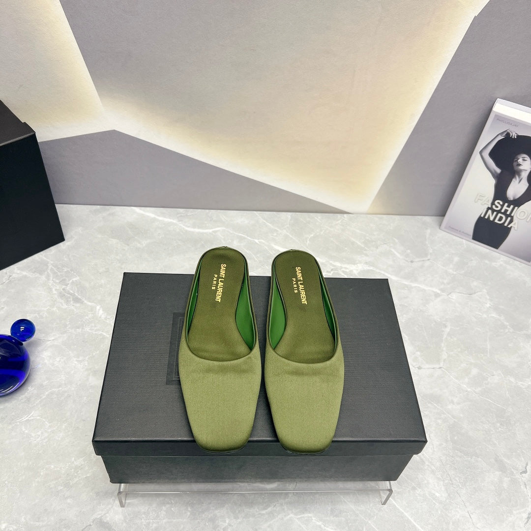 SL SQUARE TOE FLAT MULES MOSS SATIN - 35