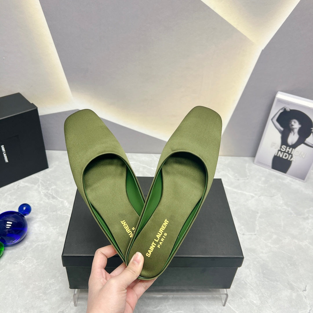 SL SQUARE TOE FLAT MULES MOSS SATIN - 35