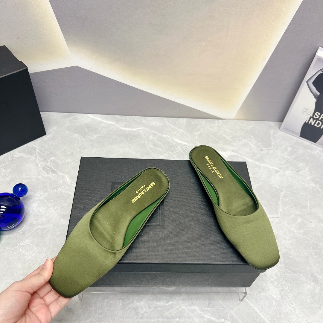 SL SQUARE TOE FLAT MULES MOSS SATIN - 35