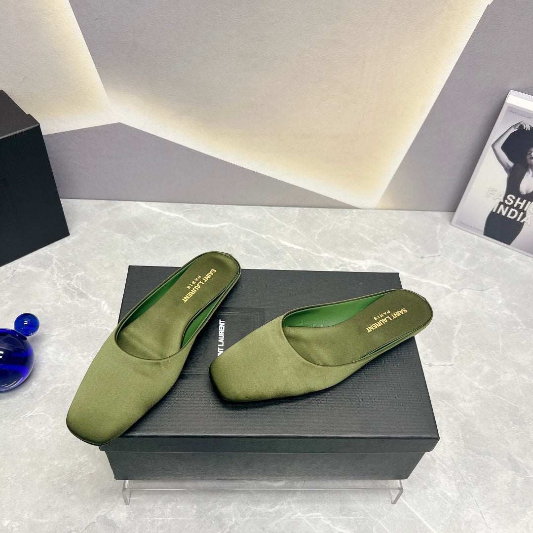 SL SQUARE TOE FLAT MULES MOSS SATIN - 35
