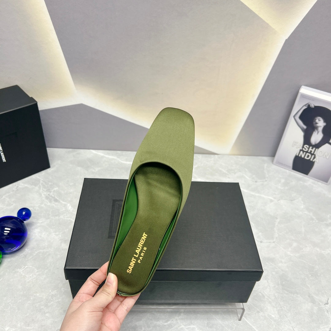 SL SQUARE TOE FLAT MULES MOSS SATIN - 35