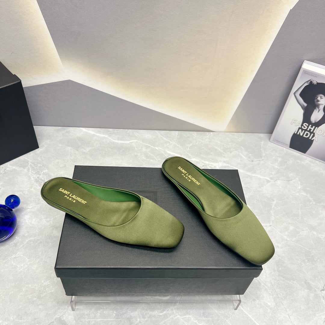 SL SQUARE TOE FLAT MULES MOSS SATIN - 35
