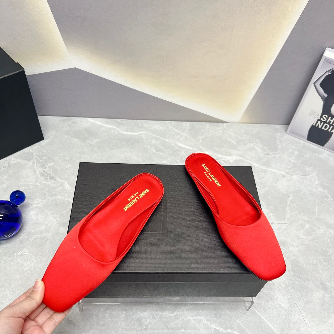 SL SQUARE TOE FLAT MULES RED SATIN - 35