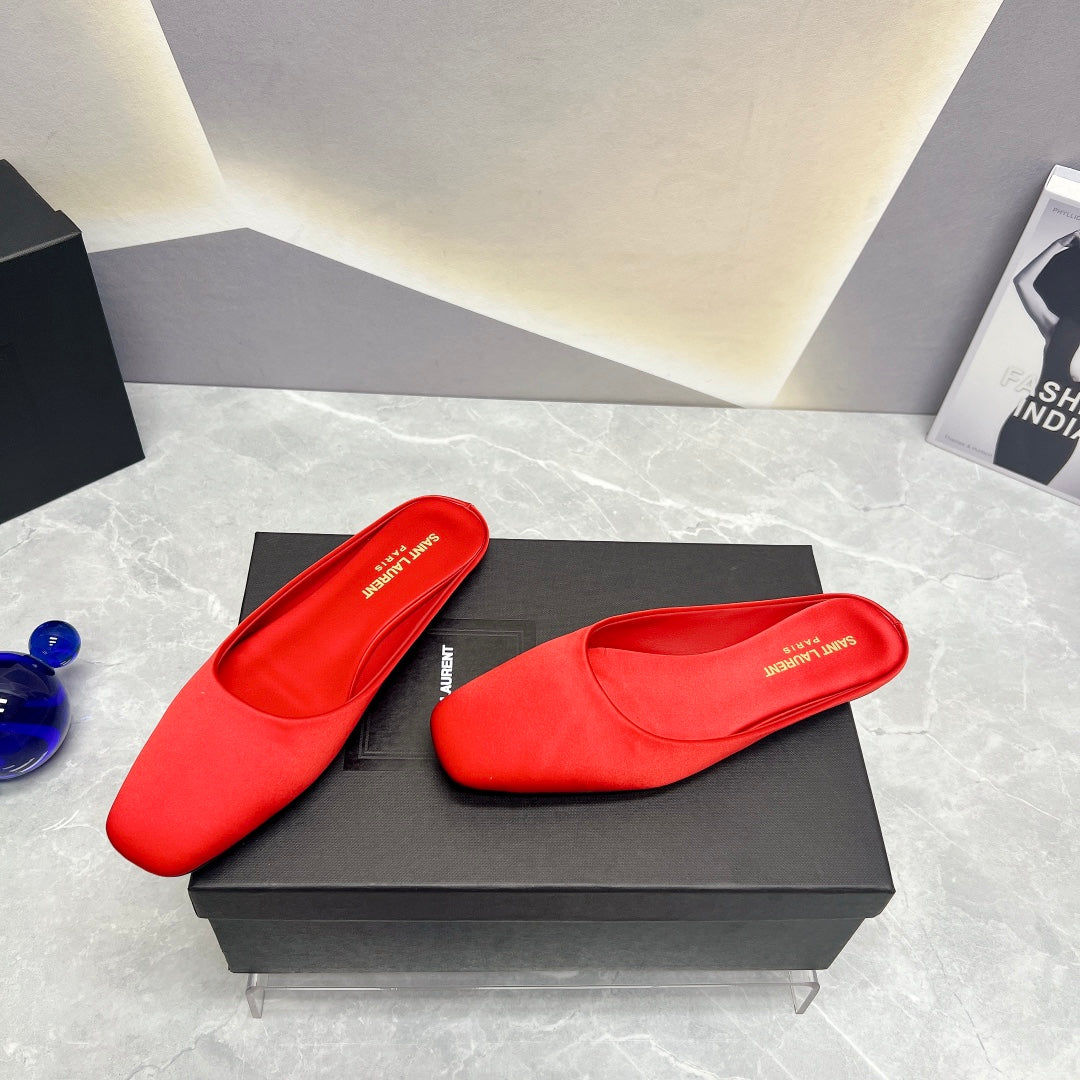 SL SQUARE TOE FLAT MULES RED SATIN - 35