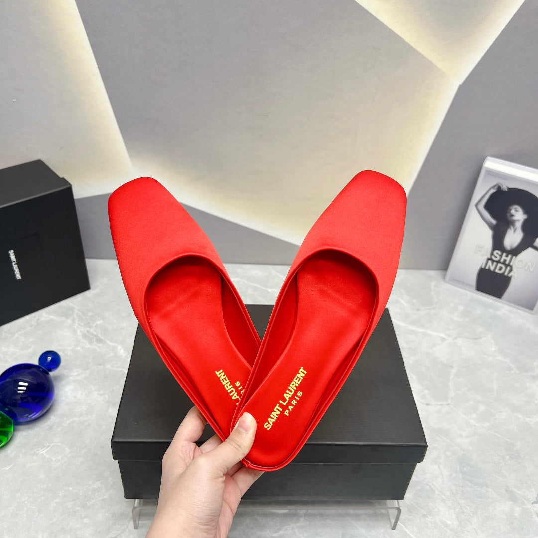 SL SQUARE TOE FLAT MULES RED SATIN - 35