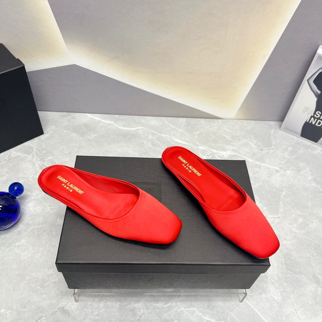 SL SQUARE TOE FLAT MULES RED SATIN - 35