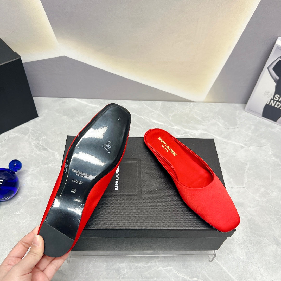 SL SQUARE TOE FLAT MULES RED SATIN - 35