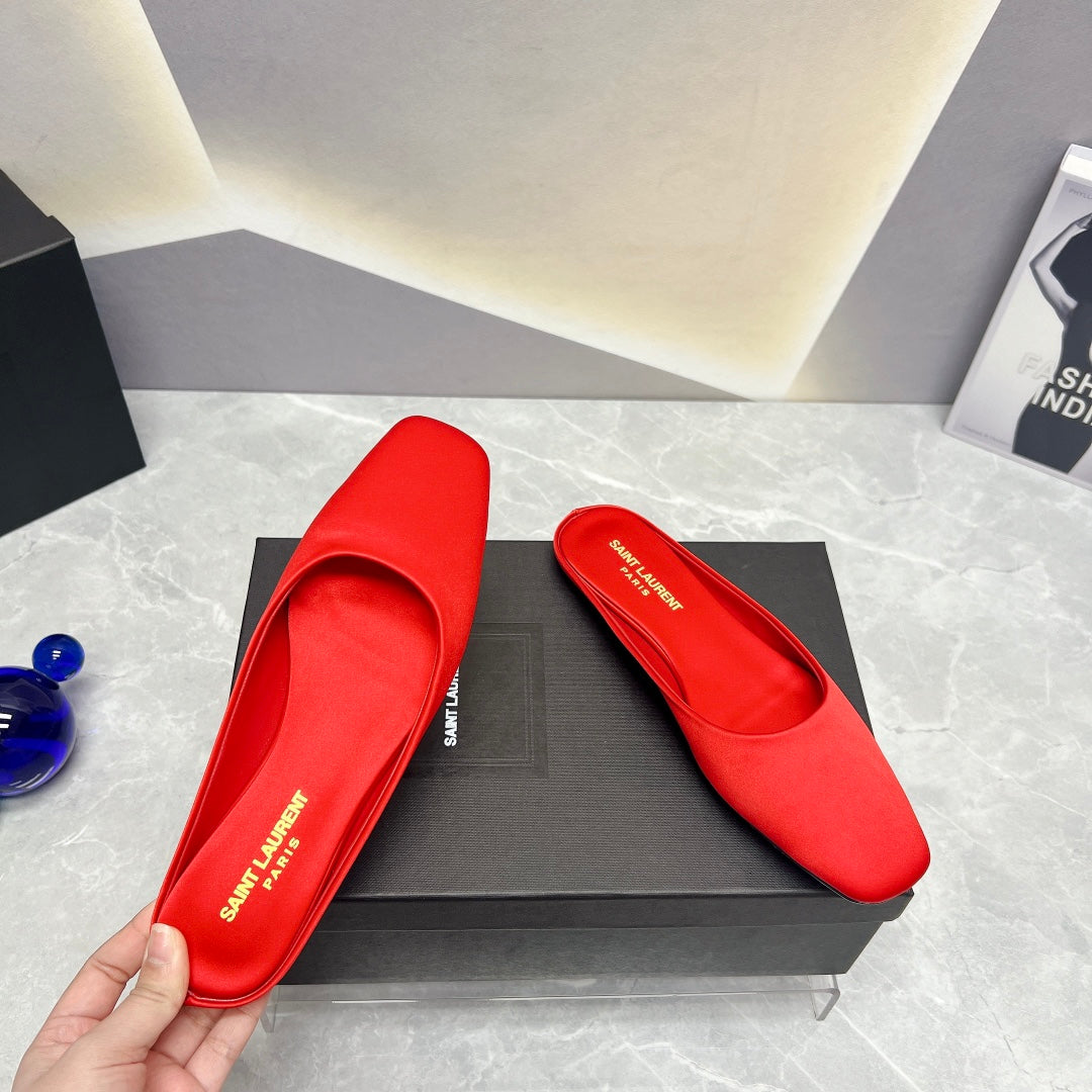 SL SQUARE TOE FLAT MULES RED SATIN - 35