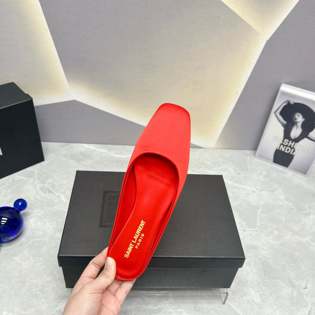 SL SQUARE TOE FLAT MULES RED SATIN - 35