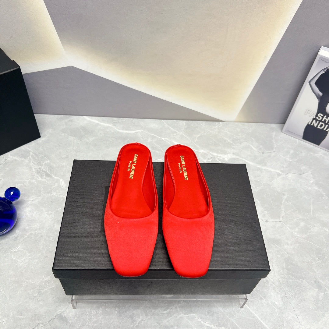 SL SQUARE TOE FLAT MULES RED SATIN - 35