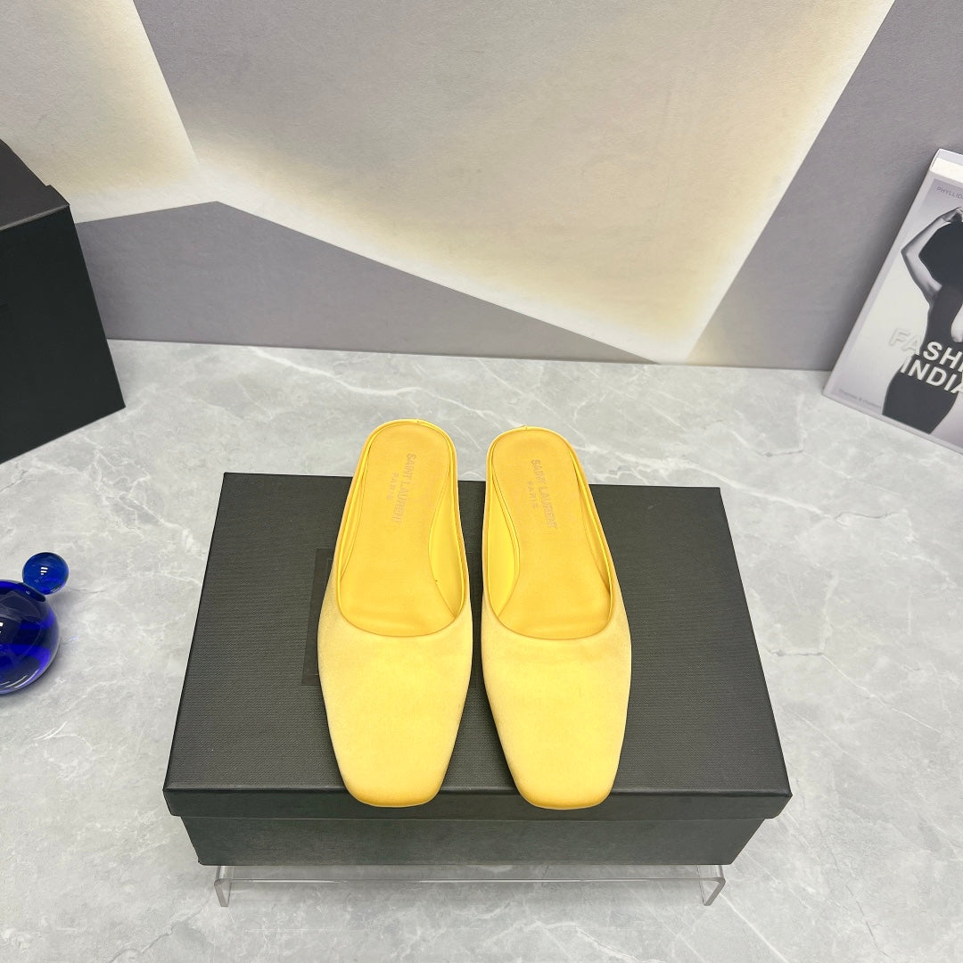 SL SQUARE TOE FLAT MULES LEMON SATIN - 35