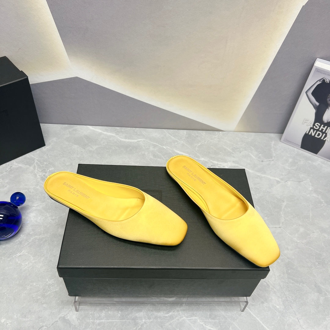 SL SQUARE TOE FLAT MULES LEMON SATIN - 35