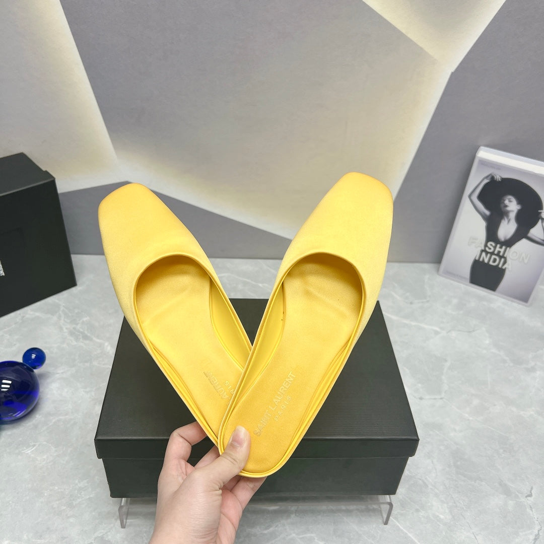 SL SQUARE TOE FLAT MULES LEMON SATIN - 35