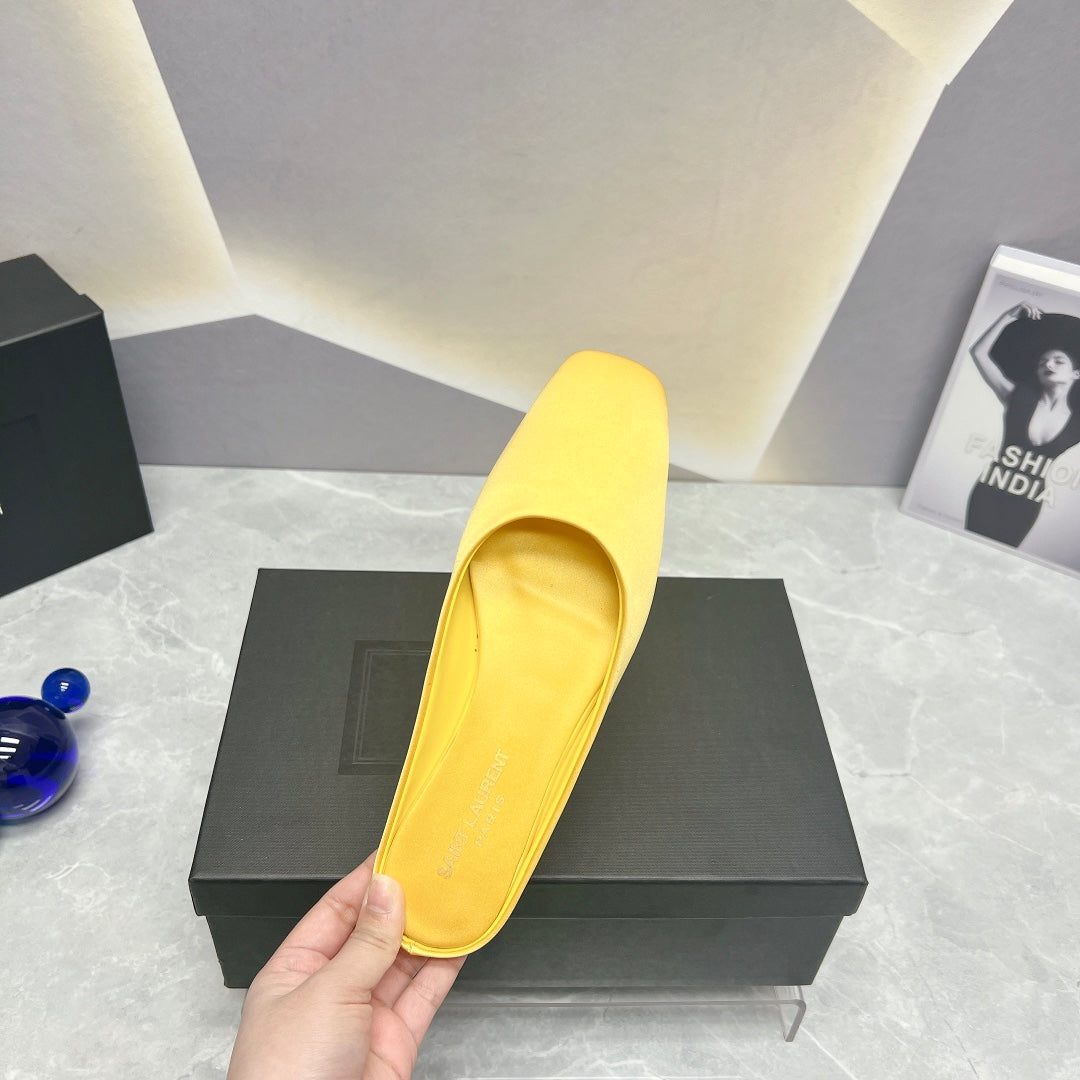 SL SQUARE TOE FLAT MULES LEMON SATIN - 35