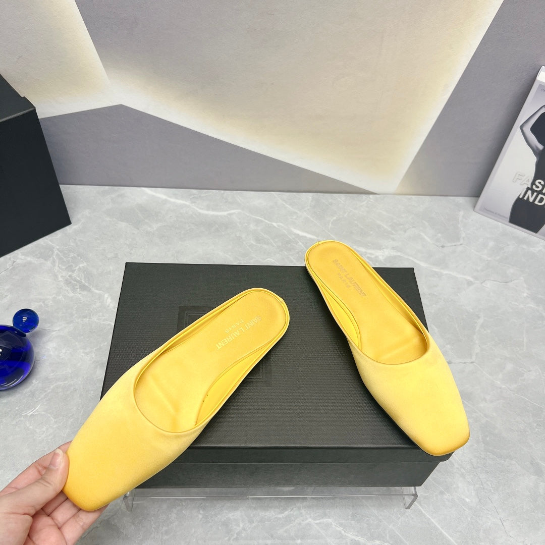 SL SQUARE TOE FLAT MULES LEMON SATIN - 35