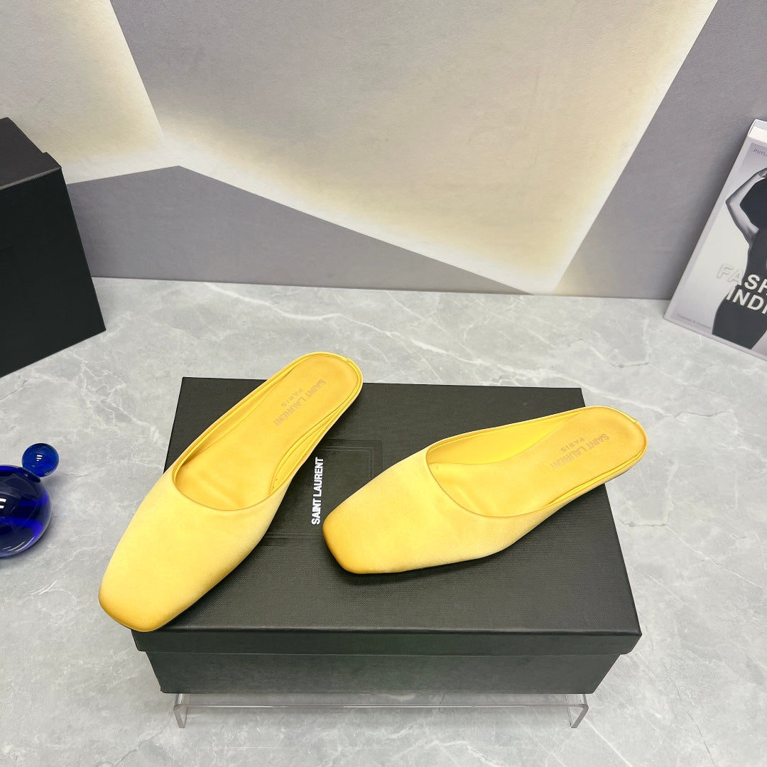 SL SQUARE TOE FLAT MULES LEMON SATIN - 35